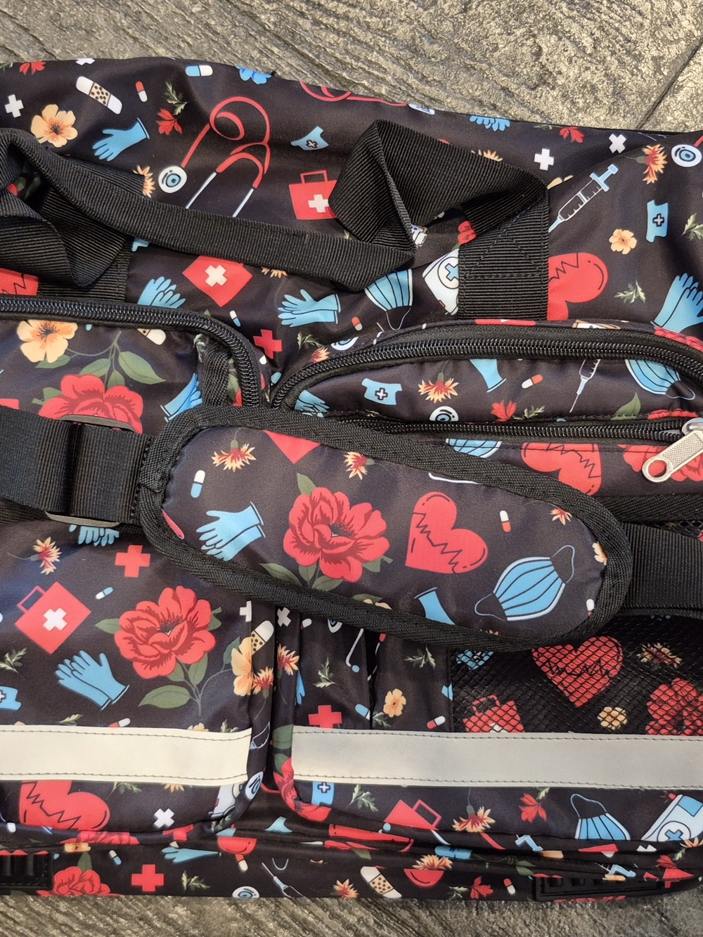Medical Print Travel Tote Bag - Black with Red Roses & Blue Icons